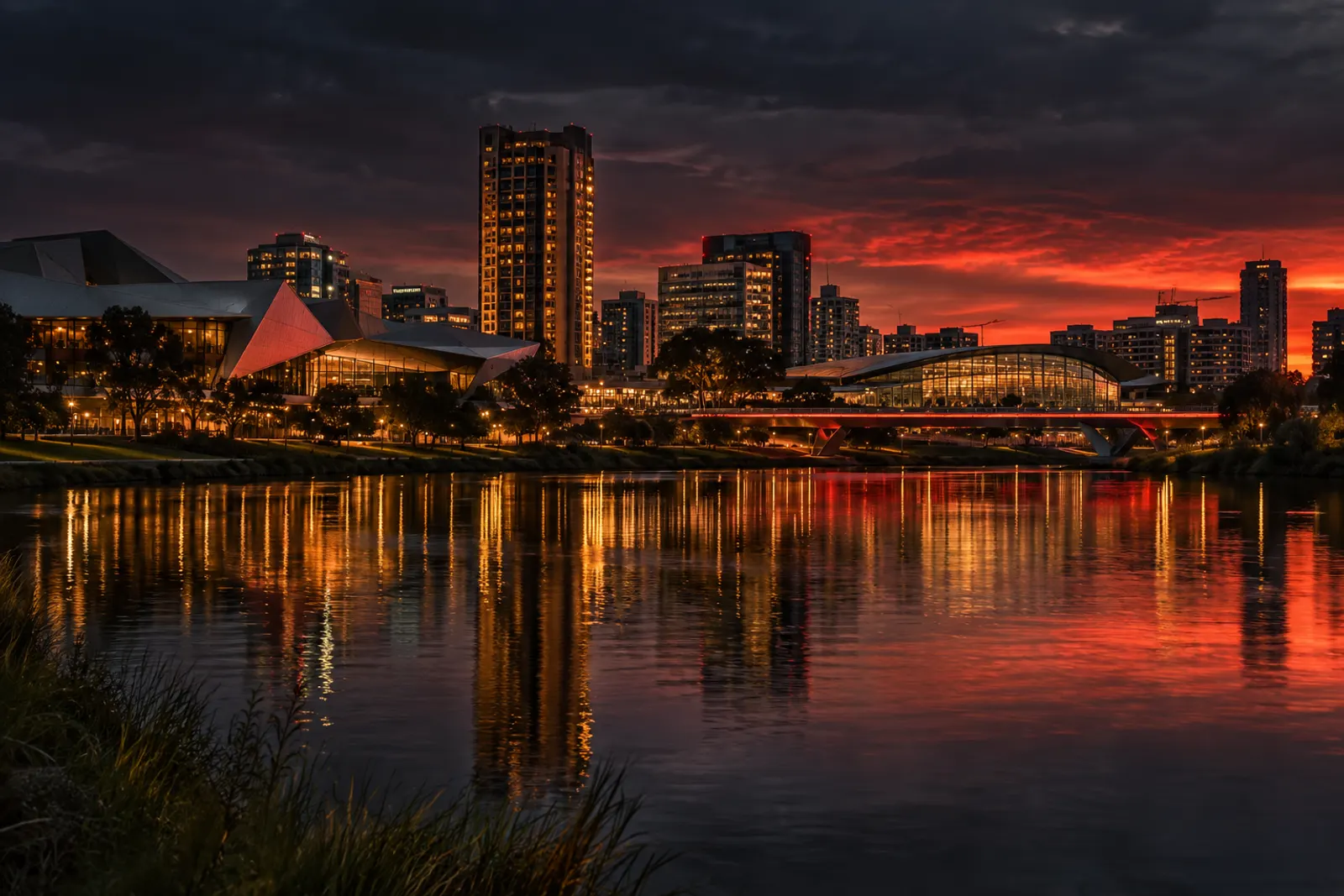 Adelaide city skyline across the River Torrens at dusk, home of Efficient Marketing