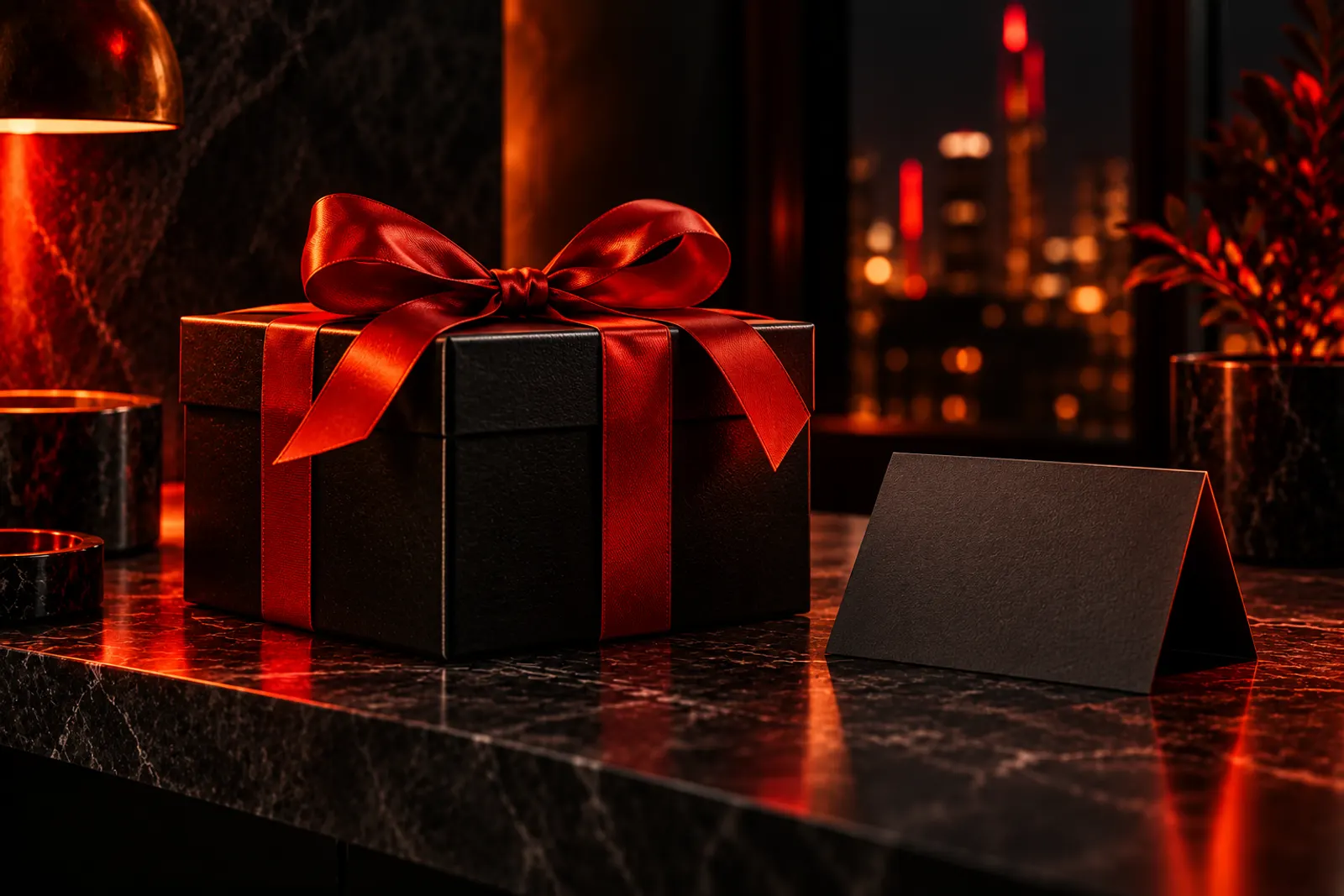 Black gift box with a red ribbon, illustrating customer loyalty marketing