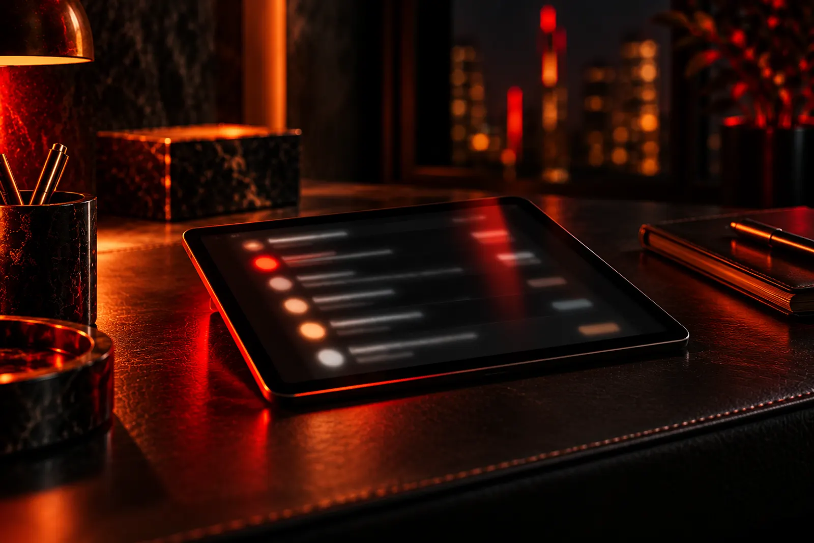 Tablet on a leather desk showing an inbox, illustrating email marketing