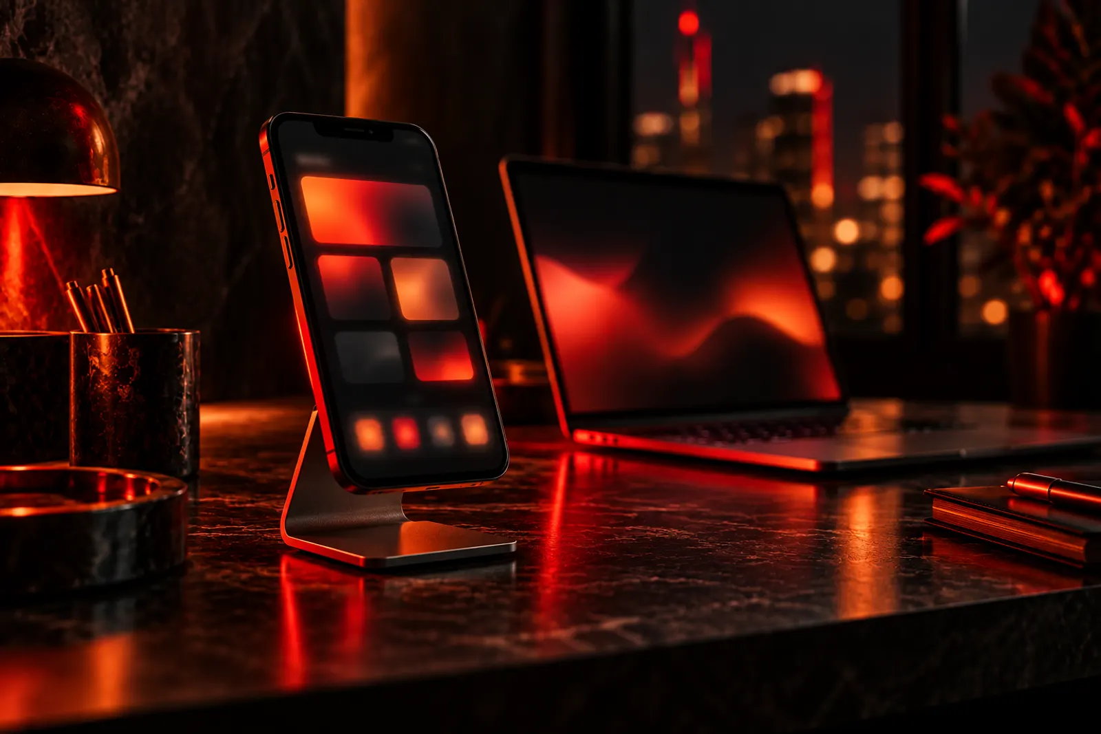 Smartphone on a stand showing app tiles, illustrating mobile app development