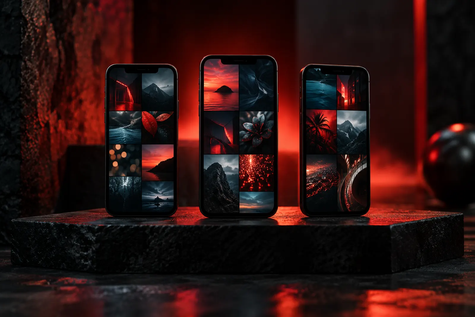 Three smartphones showing photo grids, illustrating social media marketing