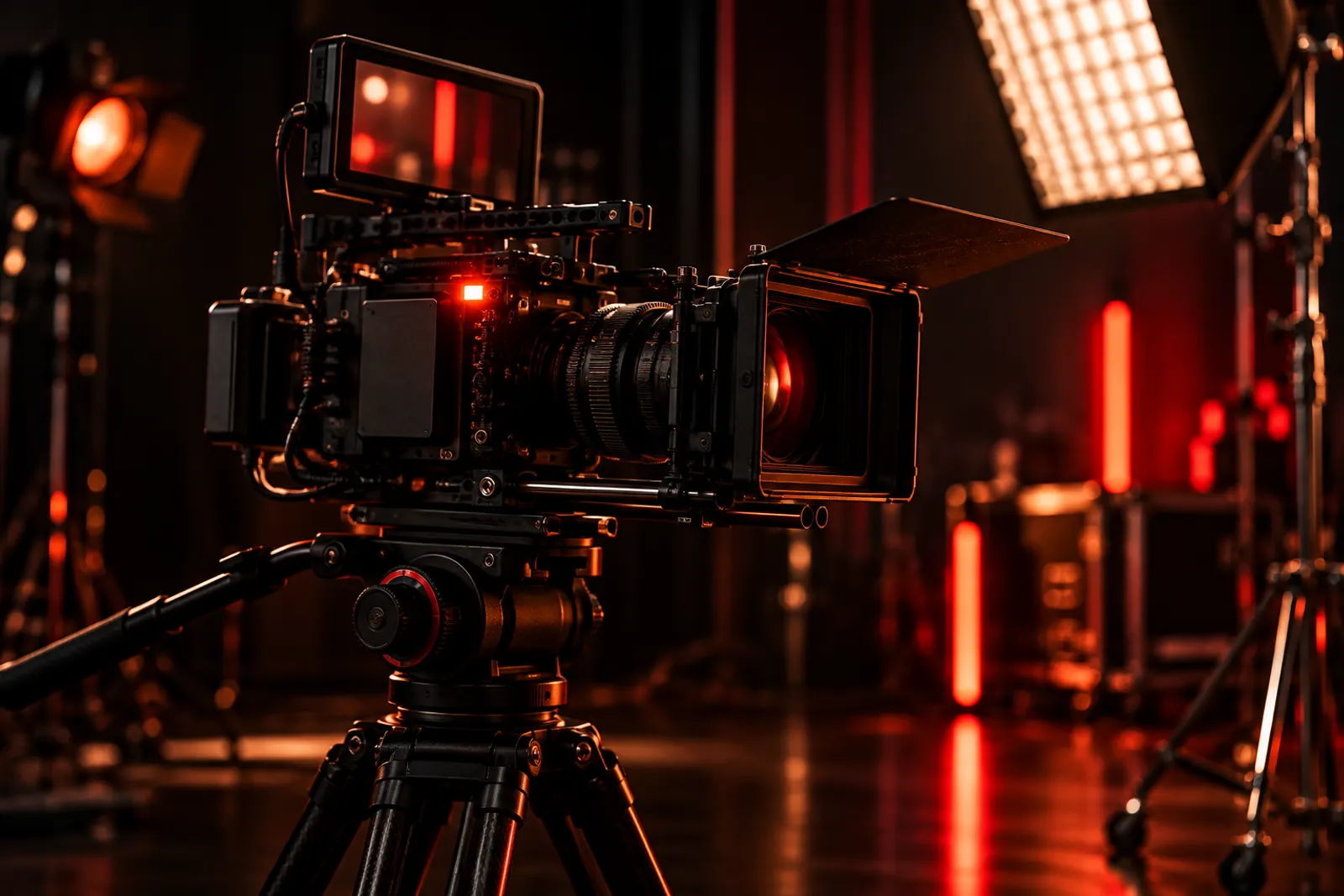 Cinema camera on a tripod in a dark studio, illustrating video production