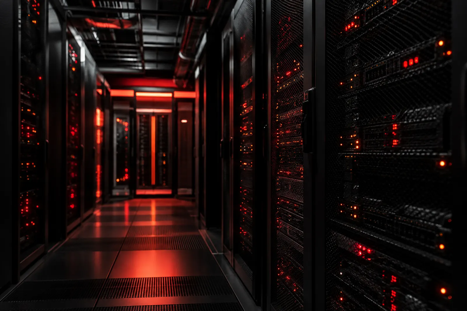 Server corridor with red status lights