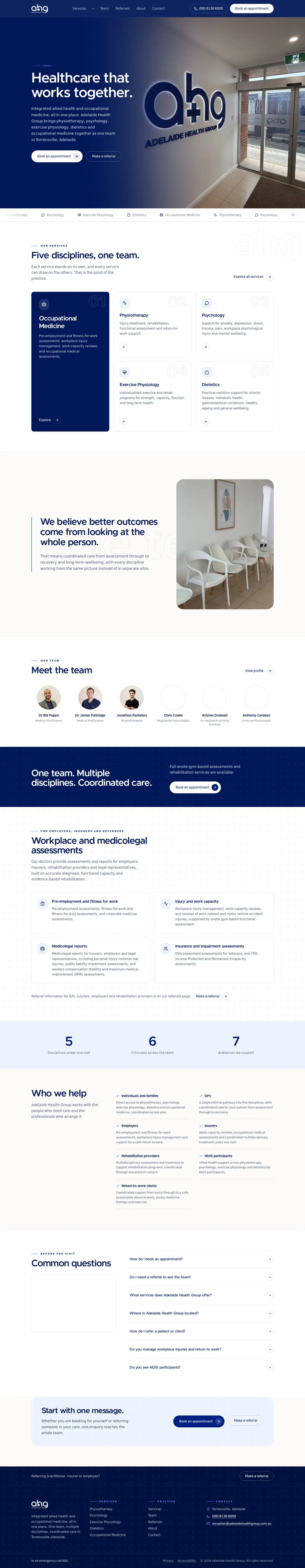 The full Adelaide Health Group homepage from top to bottom