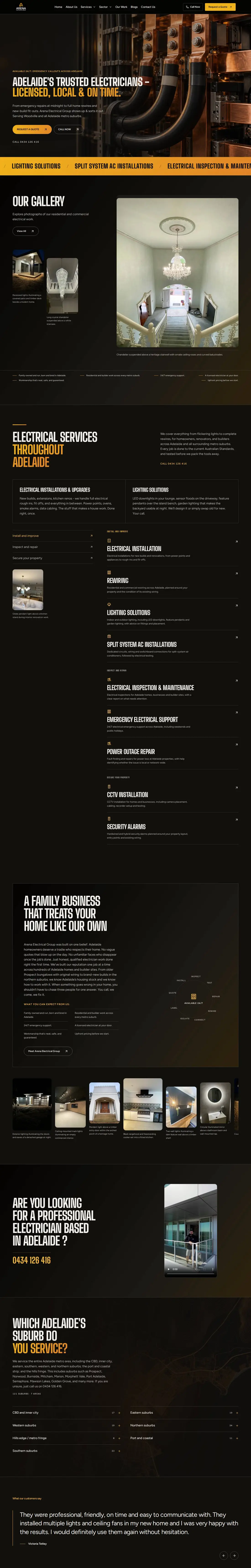 The full Arena Electrical Group homepage from top to bottom