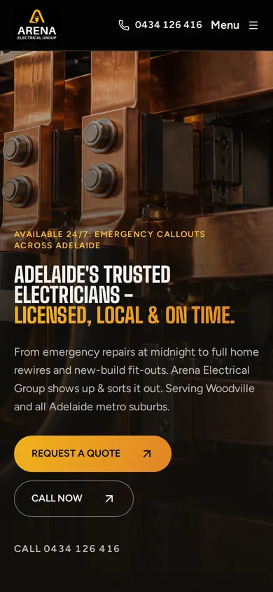 Arena Electrical Group website on a phone