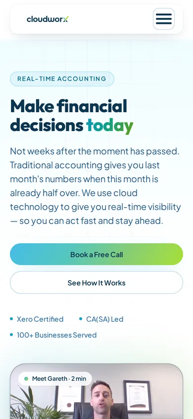 Cloudworx Accounting Solutions website on a phone